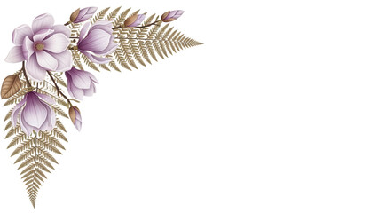 Minimal luxury floral corner border with magnolia and fern in lavender and beige isolated on white background