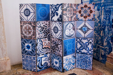 Decorative Folding Screen with Blue and White Portuguese Azulejos Pattern