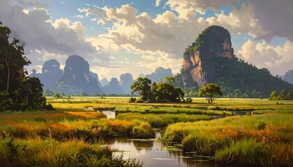 A vibrant vista. Lush green fields border a serene river, with towering rock formations and a dramatic cloudy sky setting the stage