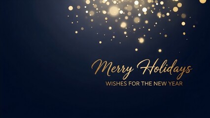 Festive holiday wishes with golden sparkles and text that says Merry Holidays Wishes for the New Year on a dark blue background