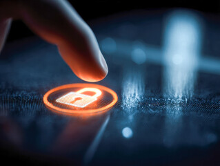 Finger about to activate a glowing digital security lock icon on a futuristic touch screen interface symbolizing cybersecurity and data protection concepts