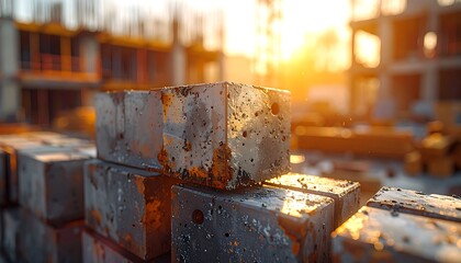 Close-up of weathered, rectangular concrete blocks stacked at a construction site, bathed in warm sunlight. Building in background