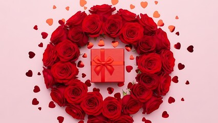 red roses and gift box on pink background with hearts