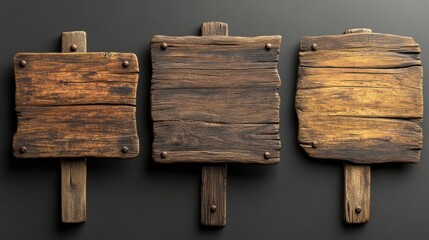 Three weathered wooden signs, variations in shape, mounted on posts, against a dark background