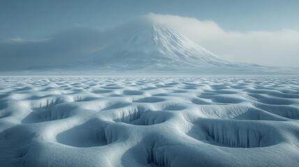 Majestic snowy landscape with volcanic mountain under a hazy sky