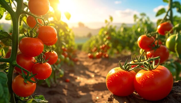 Close-up of ripe, red tomatoes on a plant, bathed in sunlight. Rows of tomato plants stretch into the distant field