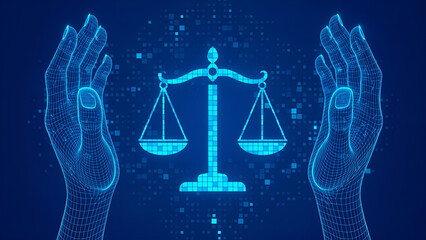 Wireframe digital hands presenting a glowing blue technological scales of justice icon against a dark background