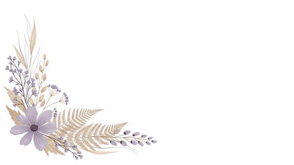 Minimal luxury hand painted corner composition with wildflowers and fern in lavender and beige isolated on white background