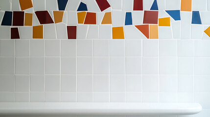 Modern bathroom tile design. The bathroom is tiled with white square tiles and colorful geometric accents near the top of the wall. Shelf near the bottom.