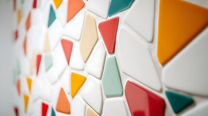 Colorful, playful geometric patterns on a white background. Triangular shapes in orange, red, green and white create an eye-catching and visually intriguing mosaic. Perfect for modern decor.