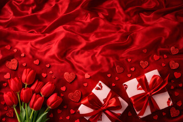Valentine’s Day red tulips and gift boxes on silk fabric