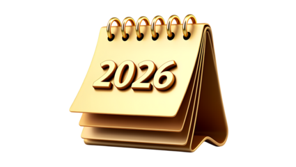 Golden 2026 desk calendar, isolated on transparent background, new year concept