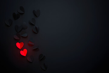 Glowing red paper hearts illuminating a path amidst an array of dark hearts