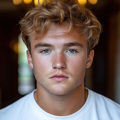 Young man with charming expression posing in an elegant indoors setting
