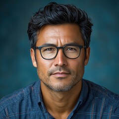 Confident man with glasses displaying a thoughtful expression in a serene setting