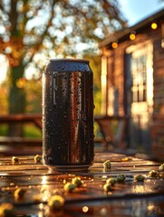 Refreshing soda can resting on a wooden table in a sunny garden at sunset