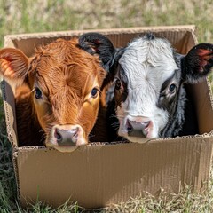 Two playful calves sitting together inside a cardboard box in a sunny meadow