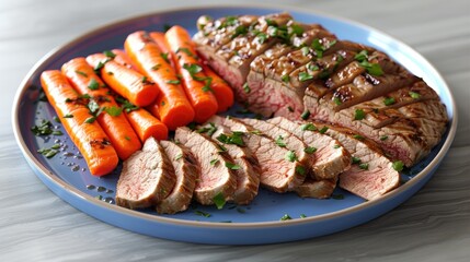 Savory beef with vibrant carrots garnished with fresh herbs on a stylish plate