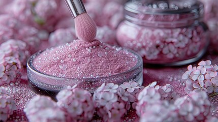 Colorful pink powder surrounded by delicate flowers in a serene setting