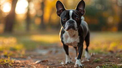 Playful black and white dog exploring a sunlit forest scene during golden hour