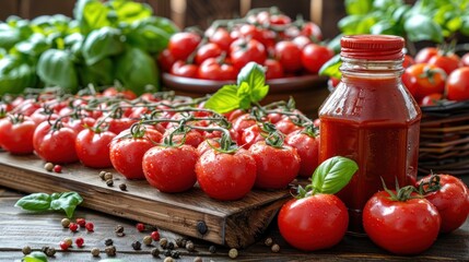 Fresh tomatoes and basil create a vibrant scene of summer harvest preparations
