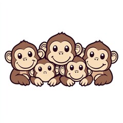 Five playful monkeys gathered together in cheerful harmony and fun moments