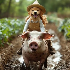 Joyful dog rides a pig through a lush garden celebrating farm life in harmony