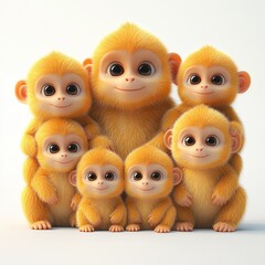 Cheerful group of fluffy monkey characters enjoying together in a playful moment