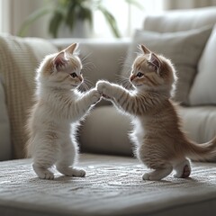 Two playful kittens engaging in a friendly dance on a cozy sofa