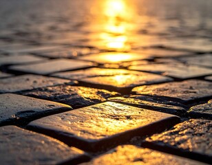 Cobblestone street reflects a sunset glow