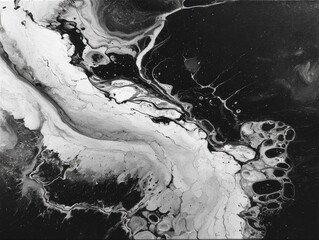 Abstract black and white artwork with fluid shapes and textures