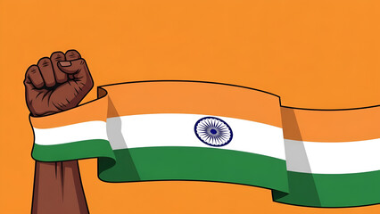 Raised clenched fist tightly gripping the waving Indian national flag symbolizes powerful unity and patriotic spirit celebration