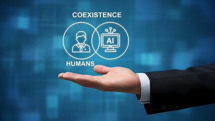 Businessman presenting a visual concept of human and artificial intelligence coexistence in a professional digital environment