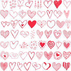 Hand-Drawn Red and Pink Heart Doodles with Arrows, Flowers, Patterns, and &ldquo;Love&rdquo; Text on White Background