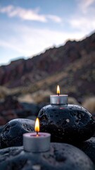 Candles glow on dark stones by a hill