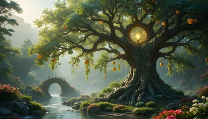 
The Tree of Life in the Garden of Eden, ancient and majestic tree with a wide trunk and flowing branches, glowing golden and emerald fruits hanging from the branches, soft divine light radiating from
