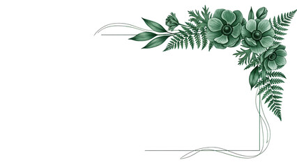 Minimal luxury watercolor floral frame corner with anemones and ferns in deep emerald green isolated on white background