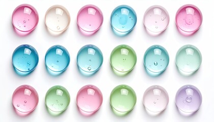 Rows of colorful clear gel droplets on a white surface