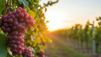 Red grapes hanging on vine in vineyard at golden hour sunset with warm sunlight creating beautiful bokeh effect through leaves and agricultural landscape.
