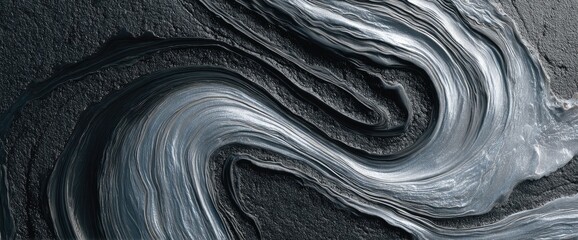 Abstract, flowing artwork. A blend of textures and shades of grey and silver. Curves and layers create depth