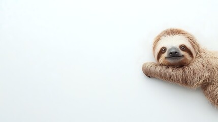 Fototapeta premium Adorable sloth hanging on white background with copy space for text and design projects. Cute lazy animal mascot isolated for commercial use.