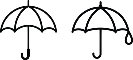 Two simple black umbrellas, one dry and one dripping, against a white background.