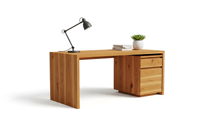 Modern wooden desk with lamp and plant