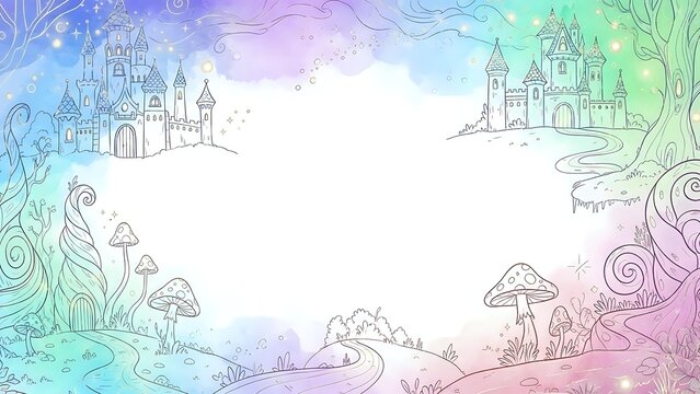Magical fairy tale landscape with castles, mushrooms and enchanted forest elements on gradient background for fantasy storytelling and children's content.