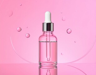 Pink serum in glass bottle with dropper on pink background