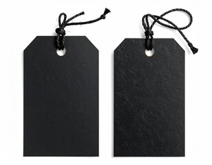 Two dark tags with string against white backdrop
