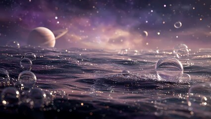 A Breathtaking Cosmic Nebula With Distant Planets Reflecting On Rippling Dark Water In Deep Outer Space