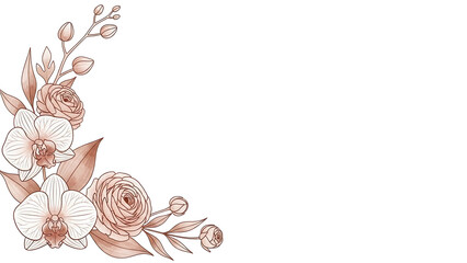 Minimal watercolor corner design featuring orchids and ranunculus in muted terracotta isolated on white background