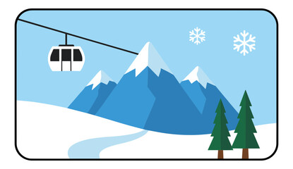 Ski resort landscape with mountains cable car snow and two pine trees.Isolated transparent background ( include cut-out PNG file )