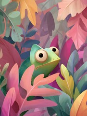 Cartoon chameleon peering out from colorful foliage. Playful illustration style, digital painting